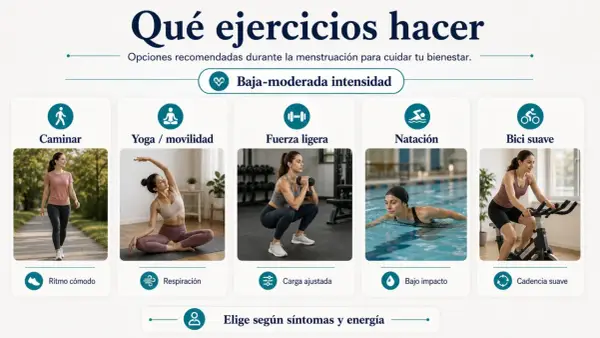 Mujeres haciendo ejercicio: caminar, yoga, pesas, nadar y bici. Es bueno hacer deporte con la regla, eligiendo intensidad baja-moderada.