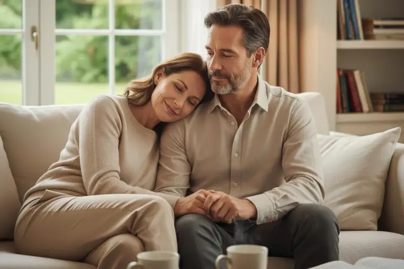 Una pareja en un sofá, ella apoya la cabeza en su hombro. Sus manos entrelazadas reflejan que es la intimidad en la pareja.